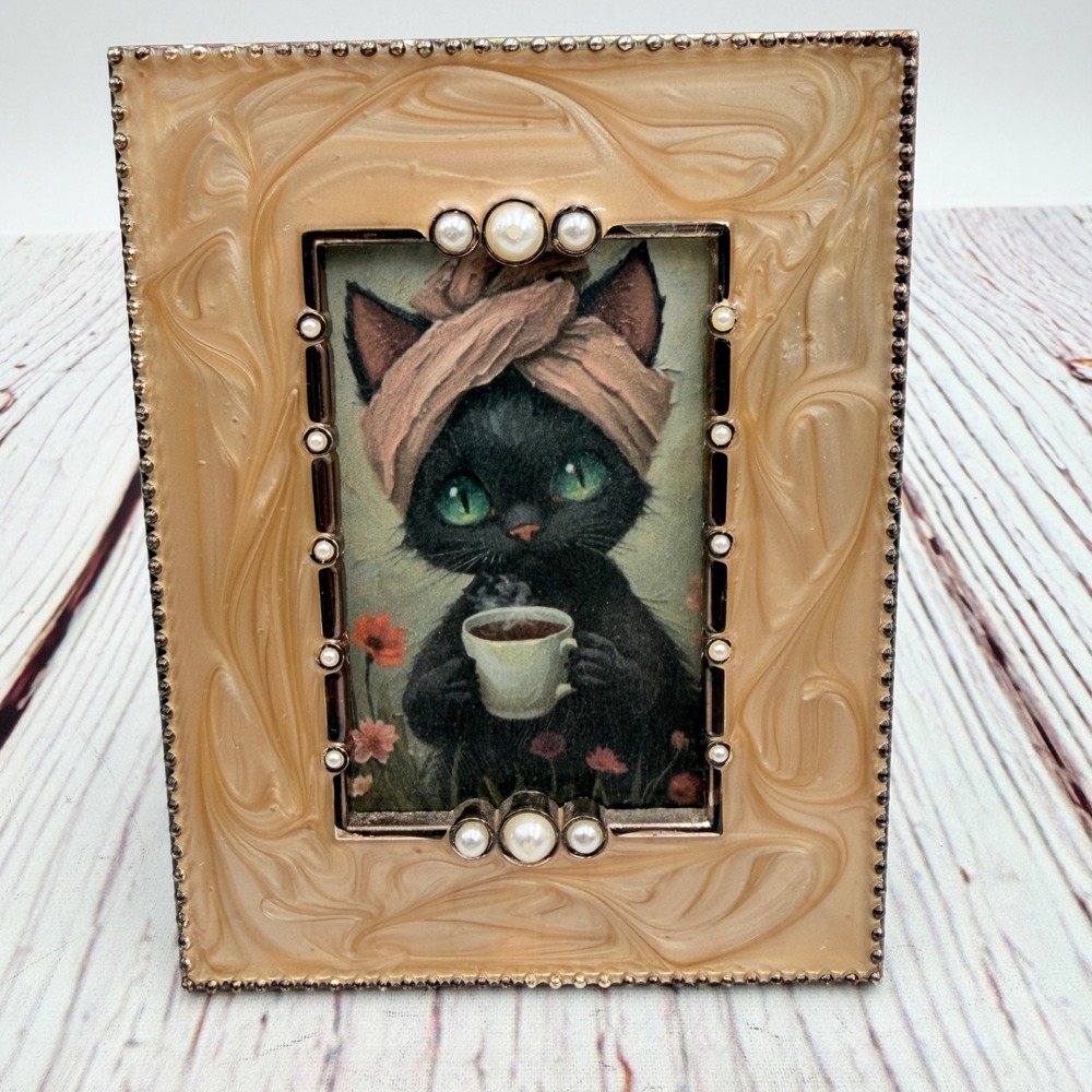 Upcycled Black Cat Coffee Art Print Decoupage Faux Pearl Enamel Frame
